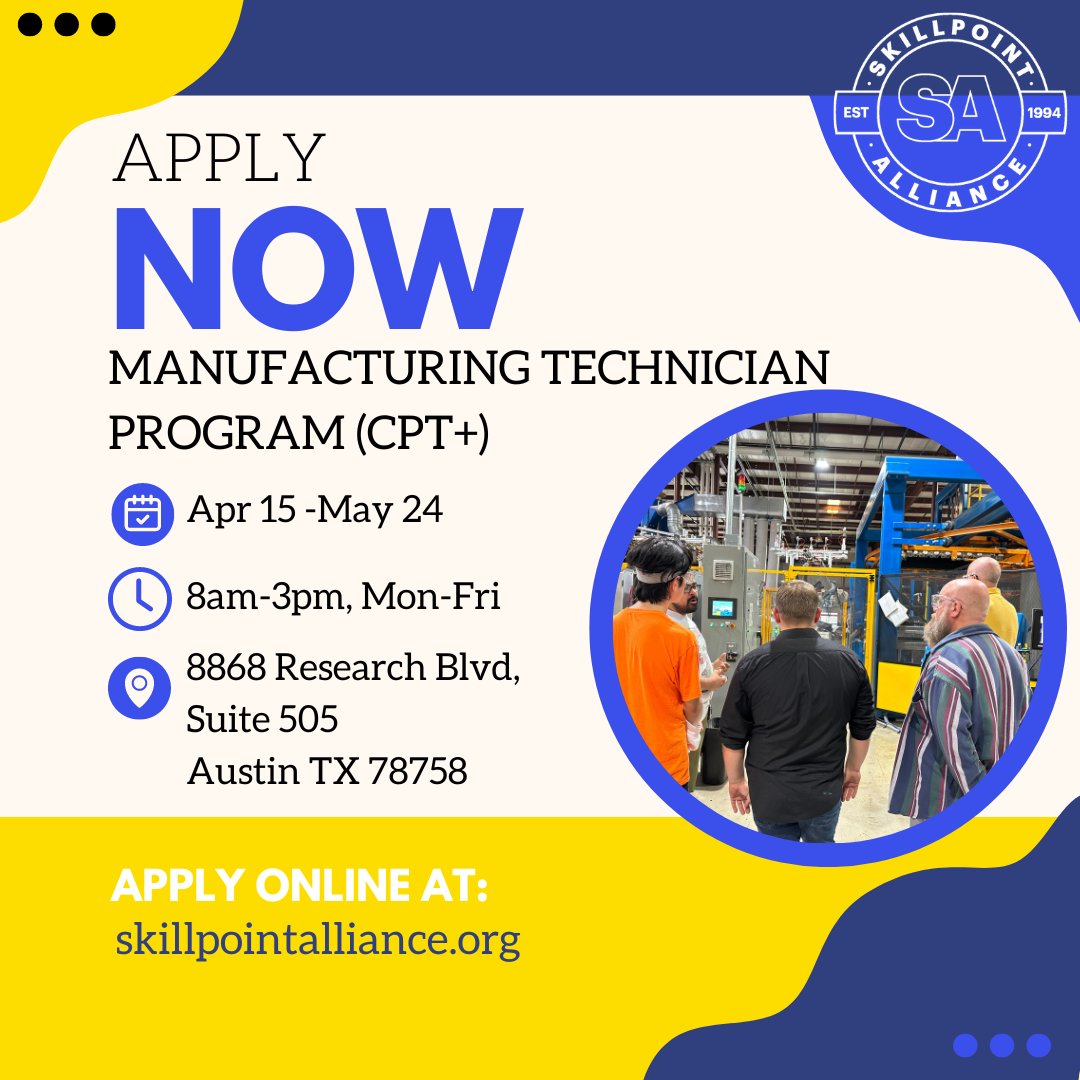 Join our Manufacturing Technician Program (CPT+) ! 🛠️ Get trained for entry-level roles in the Manufacturing industry 🏭. Apply NOW at skillpointalliance.org