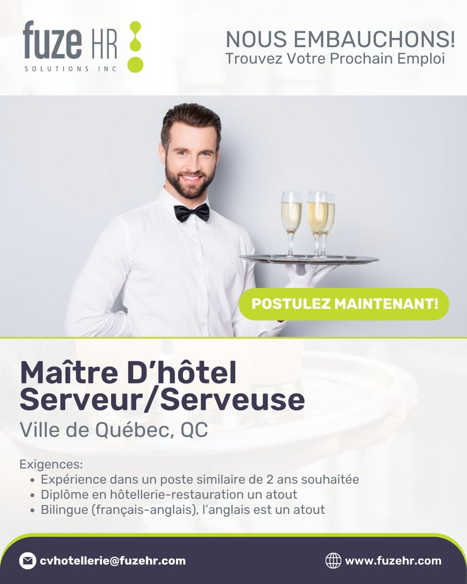 FuzeHR's tweet image. Nous embauchons maintenant un Maître D&apos;hôtel-Serveur/Serveuse Ville De Québec $20-30/heure

Pour en savoir plus sur le poste, cliquez ici : ow.ly/tYMQ50R2Ihu

#hospitalité #serveur #serveuse #hôtel #restaurant #quebec #villedequebec #recrutement #staffing #agency