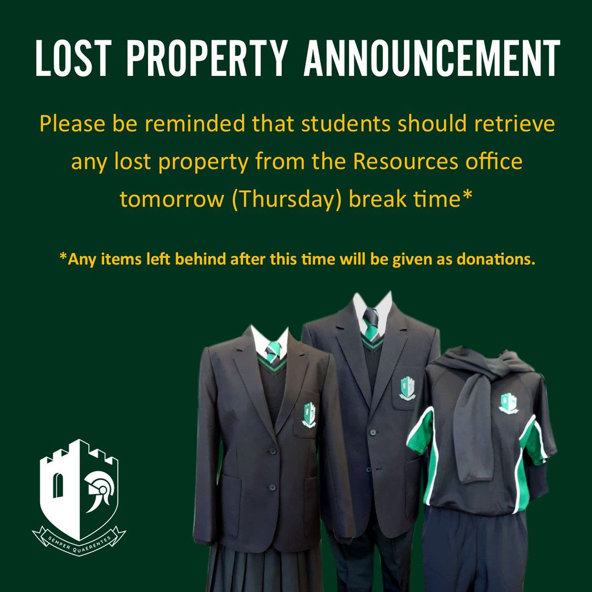 We have a large number of coats and blazers and a few other items of lost property accumulated. Please advise students to come along and retrieve their missing items tomorrow break time at the Resources office, anything not claimed will be donated. Thank you.