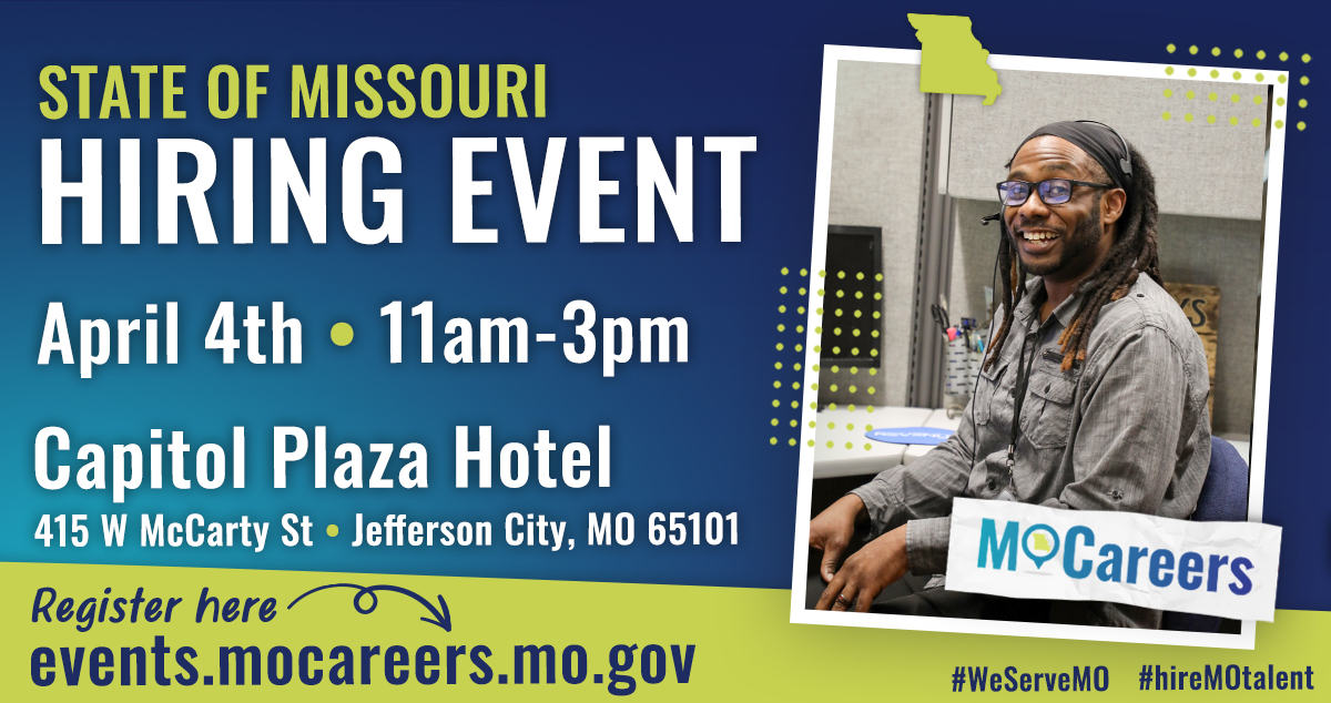 The state is HIRING entry level, skilled, and professional positions. This event will include more than 20 state employees, on-site interviews and more! Visit events.mocareers.mo.gov to register. #hiremotalent