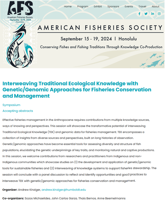 Are you weaving traditional ecological knowledge with genetic data? Do you think a lot about ensuring you do it 'in a good way'? Please submit an abstract to our session at #AFS2024! See you in Honolulu 🌴🌴🐟🐠@SNMichaelides @ABeemelmanns Andrew Kinzinger, John Carlos Garza