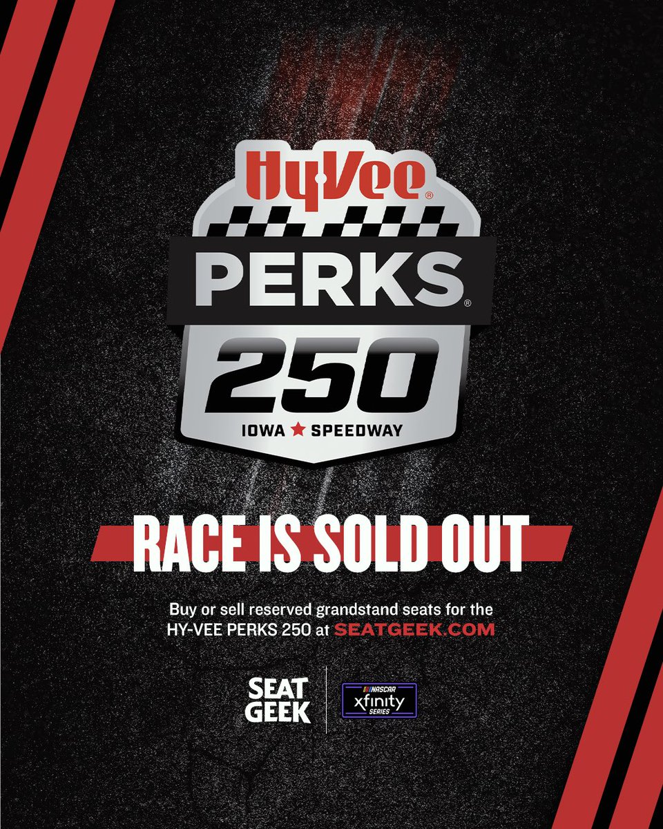 We’re honored to announce the NASCAR Xfinity Series race will be titled the HyVee Perks 250, AND that the day is SOLD OUT! Thanks to our friends @SeatGeek, the Official Ticket Marketplace of NASCAR, you can still buy or sell grandstand tickets! nas.cr/4au8FCC