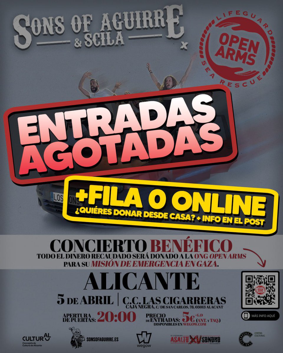 Sons Of Aguirre & Scila agota entradas en menos de 24 horas para su concierto benéfico en Alicante, en colaboración con Open Arms para ofrecer ayuda con su labor humanitaria. Todos los ingresos irán destinados a la misión actual de Open Arms en Gaza.