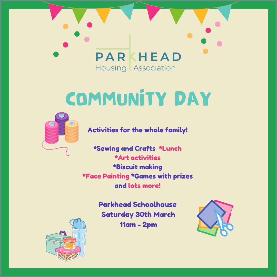 Join us this Saturday for a free, fun filled community day with activites for the whole family to enjoy! 📍 Parkhead Schoolhouse, 135 Westmuir Street, 📅 Saturday 30th March ⏰ 11am - 2pm #parkheadhousing #communityevents