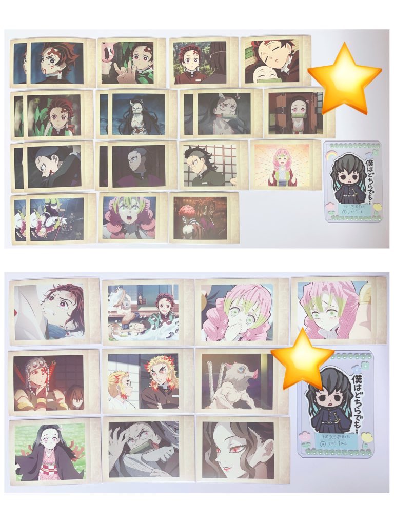 j69726's tweet photo. 鬼滅の刃 カード ステッカー 絵札 ぱしゃこれ 交換

【譲】画像1～6
【求】画像7 無一郎 善逸

❁⭐️は2～3(当方):1可能
❁画像7優先に求めておりますが、他も検討いたします(お品物によってはお断りさせて頂く場合もございます)
❁善逸は身内分の求めです
❁初回プロカ必読 https://t.co/p7KxhCTJmK