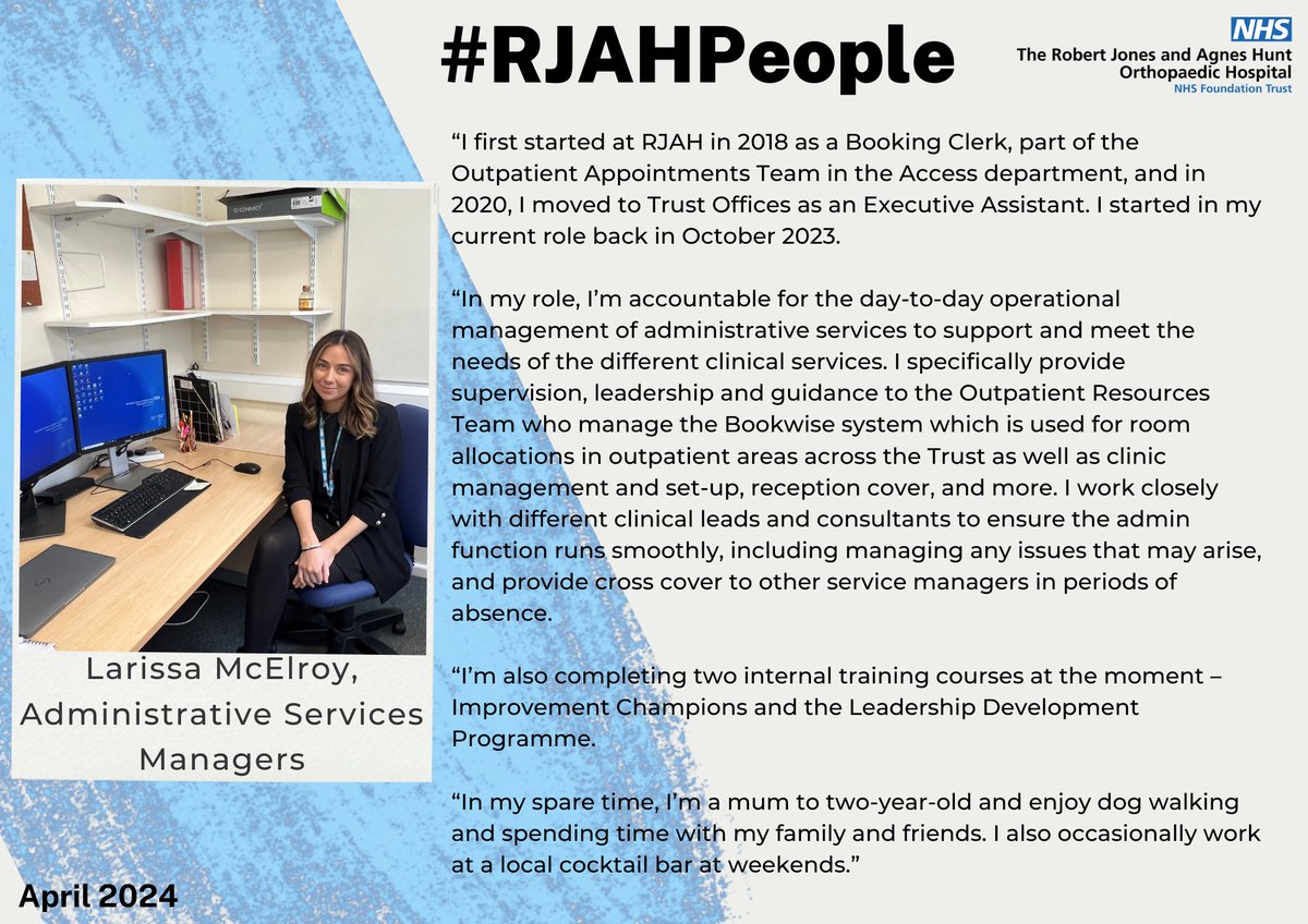 Our latest #RJAHPeople post is with Larissa McElroy. Larissa is one of the Administrative Services Managers, working as part of the Access Team. You can read more about Larissa's role below 👏
