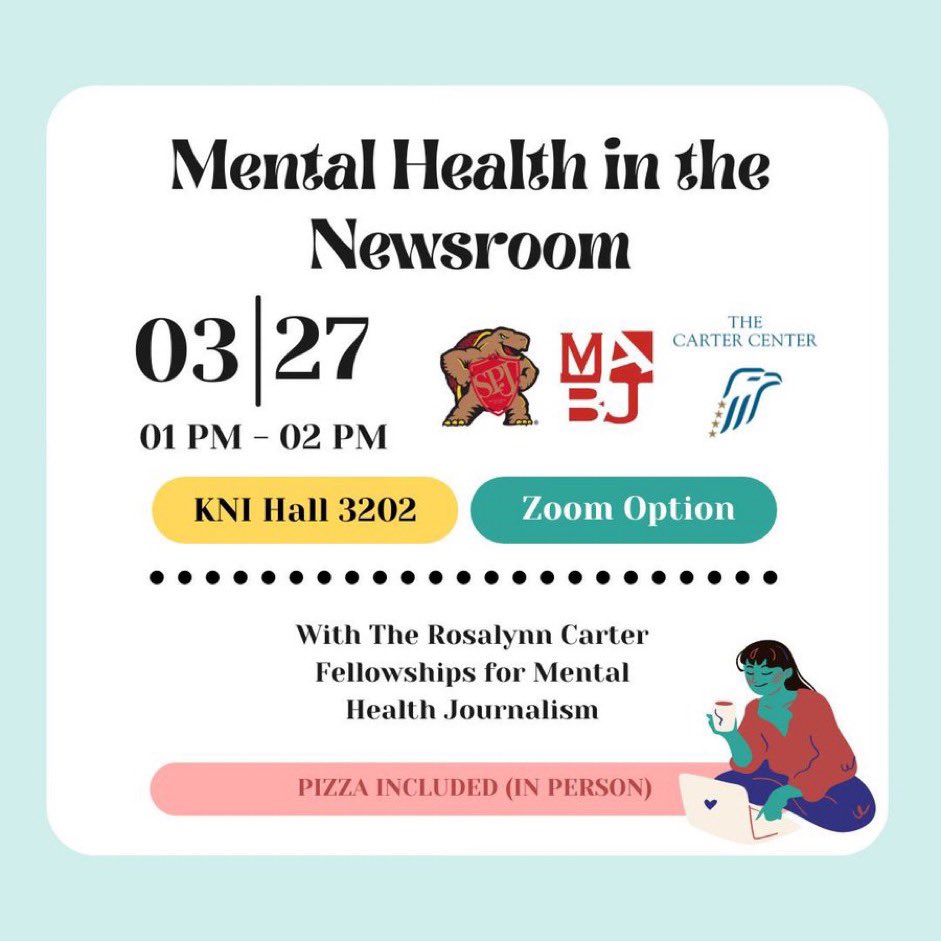 DON’T FORGET @merrillcollege 🍕🍕 Mental Health in the Newsroom is today at 1 pm. Join us in-person in KNI Hall 3202 or through Zoom! See you all there :)