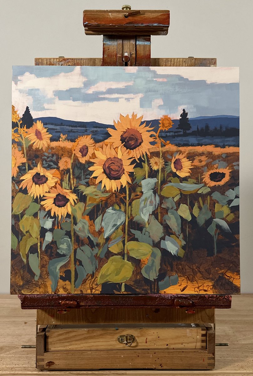 Rough draft … I’ve got some work to do here yet, but I’m pretty close. I’ll likely remove the unfinished flower to the right of the main flowers and cut down the thin yellow band in the distance. I also need to make a few passes across the flowers and leaves. Fingers crossed!