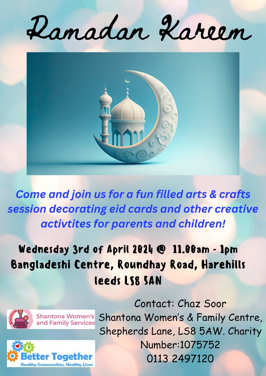 Ramadan arts and crafts session on Wednesday the 3rd April 2024 for parents and children! We will be making Eid cards and doing other #Ramadan and #Eid related creative activities #families #women #children #holiday