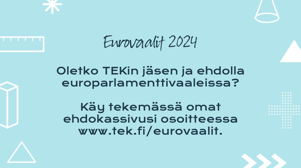 Oletko TEKin jäsen ja ehdolla eurovaaleissa? 🇪🇺 Käy tekemässä omat ehdokassivusi osoitteessa tek.fi/eurovaalit! Sivuilla voit myös tutustua TEKin eurovaalitavoitteisiin liittyen kilpailukykyiseen Euroopan unioniin, digitalisaatioon ja kestävään kehitykseen.