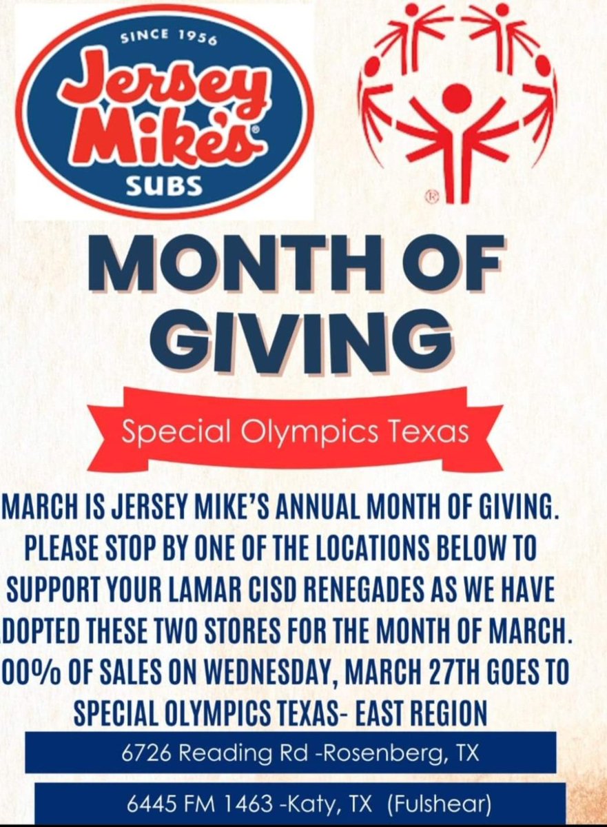 Thinking about lunch already? Well, we have it all figured out for you. Please support our @LamarCISD Renegades today and visit one of our adopted @jerseymikes stores.@lamar_cisd @pinkpatterson @THELamarCHS @Terry_Rangers @RandleHS @Fulshear_HS @FosterHSNews