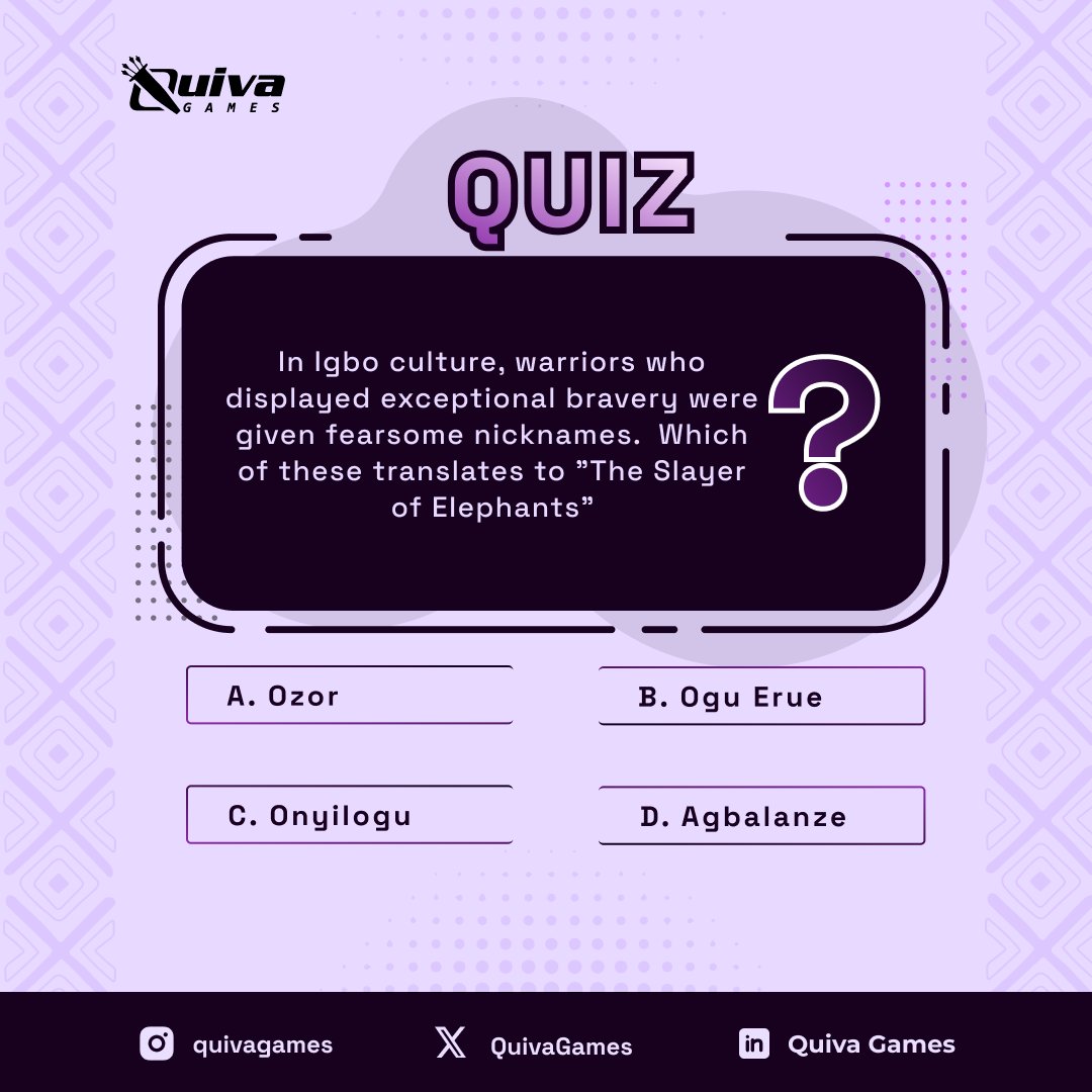 Test your knowledge 😃
Let's see how much you know about Igbo Culture 🇳🇬

See answer in the comments! ⬇️ 
 #AfricanGaming #AfricanTrivia #NigerianHistory #DailyQuiz #NigerianWarriors #AfricanBattles #mythology