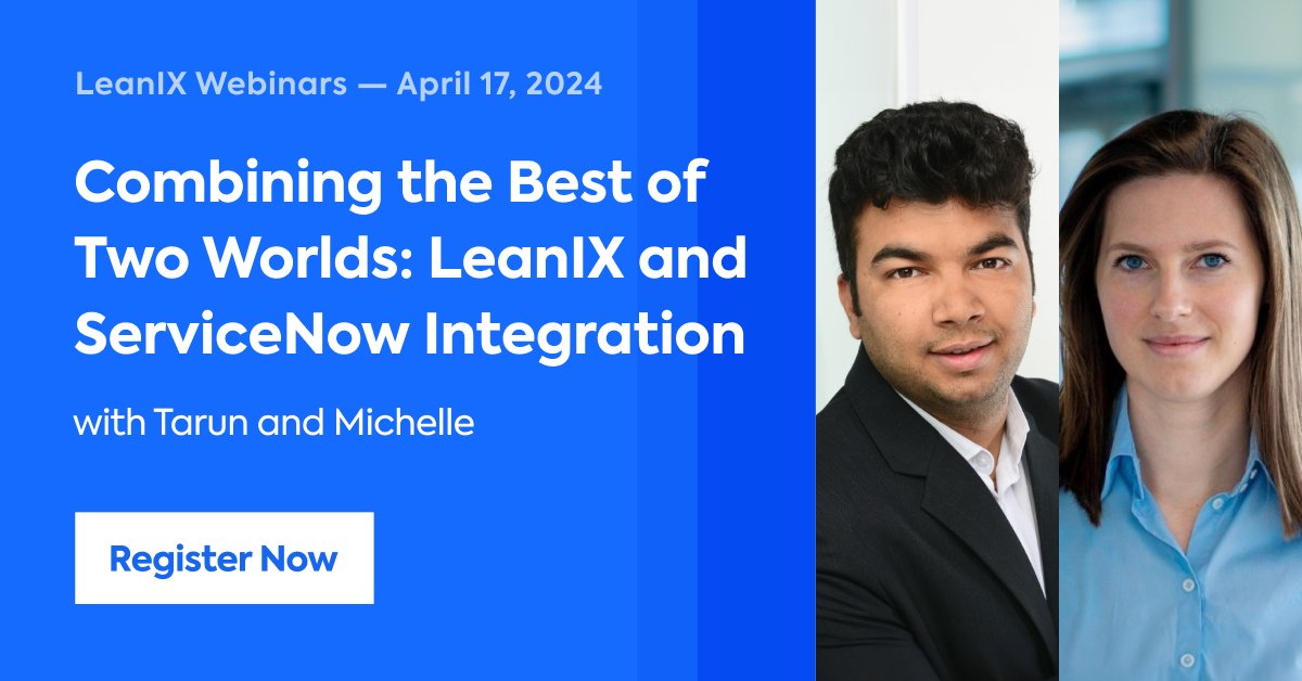 💡Join our webinar on April 17 to learn: 1. How LeanIX & ServiceNow complement each other. 2. Strategies for controlling technology risk through LeanIX & ServiceNow integration. 3. A live demo of the #ServiceNow integration and data usage within #LeanIX 👉bit.ly/3PaymzE