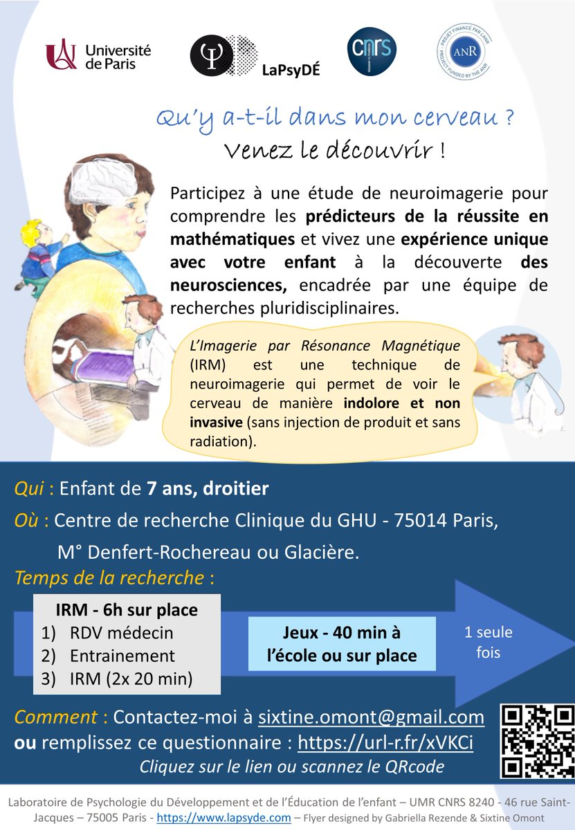 Comment les enfants apprennent ils les mathématiques ? 🧠✨💡
Participez à une étude en IRM dans un univers d’astronaute 🚀 pour les enfants de 7 ans.
Contactez-moi 📧 sixtine.omont@gmail.com ou complétez le formulaire : url-r.fr/xVKCi.
Projet mené par le <a href="/lapsyde/">LaPsyDÉ</a>