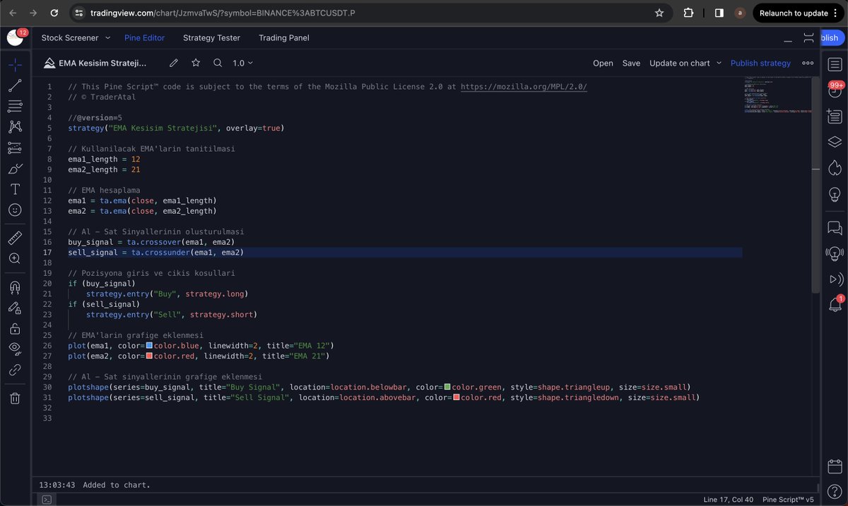 AtalTM_'s tweet photo. Algoritmik Trade Gozunuzu Neden Korkutmamali?

Python kurulumu ve alismasi cogunuz icin zor biliyorum. O yuzden bugunun icerigini Pinescript kullanarak yapacagiz. TradingView kullanan herkes bu ornegi uygulayabilir.

TradingView'da istediginiz grafige giris yaptiktan sonra "Pine Editor" a girip "Open - New Strategy" yapiyoruz ve asagidaki ekran karsimiza cikiyor. Burada yazilanlari silip kendi stratejimizi kodlamaya baslayabiliriz.

Bu ornek icin kullanacagimiz strateji cok basit bir EMA kesisim stratejisi olacak. 12 EMA 21 EMA'yi yukari keserse alacagiz asagi keserse satacagiz. Altini cizerek belirtiyorum, bu sadece ornek bir stratejidir, para kazandiracagi anlamina gelmez.

Kodun ne yaptigini uzerlerindeki aciklama kisimlarini okuyarak daha rahat anlayabilirsiniz. Bu kodu yazdiktan sonra 'Save' ve  'Add to Chart' diyoruz ve yazdigimiz strateji asagidaki gibi ekranimiza cikiyor.

Stratejimizin performansini analiz etmek baska bir gunun konusu olsun. Simdilik bu seviyeye gelebilmeniz ve hatta kendi stratejilerinizi kodlamayi denemeniz yeterli olur. Strateji performansi daha detayli islenmeli. Umarim aciklamalar yeterli olmustur. Takildiginiz noktalari sormaktan cekinmeyin.