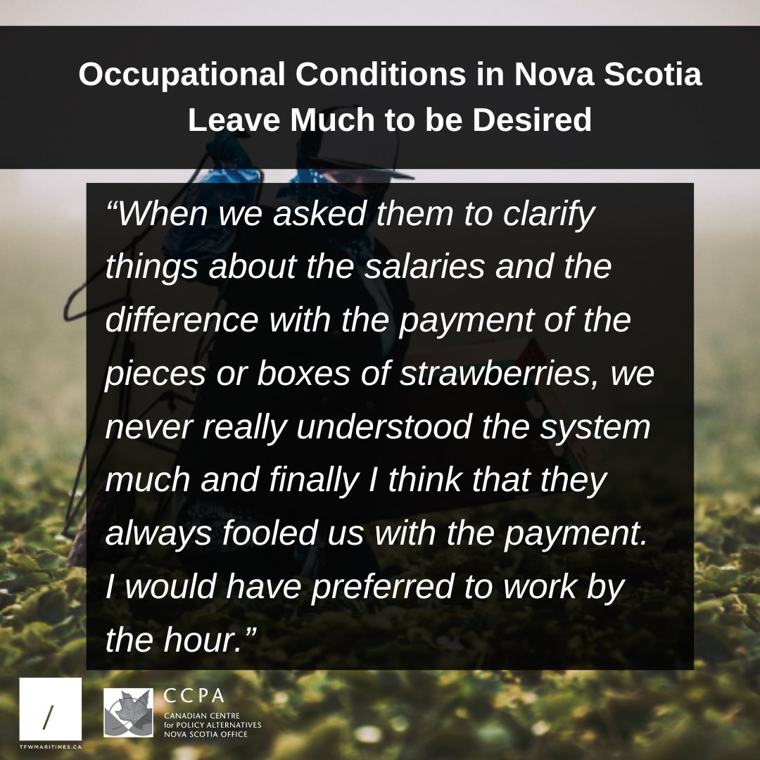 New report by <a href="/Raluca_Bejan/">Raluca Bejan</a>, <a href="/TracyAGlynn/">Tracy Glynn</a>, <a href="/Kristi_Allain/">Kristi Allain</a> &amp; Paola Soto Flores outlines five key findings with the Seasonal Agricultural Worker Program in Nova Scotia:
3. Occupational Conditions in Nova Scotia Leave Much to be Desired. #NsPoli

policyalternatives.ca/fallingshort