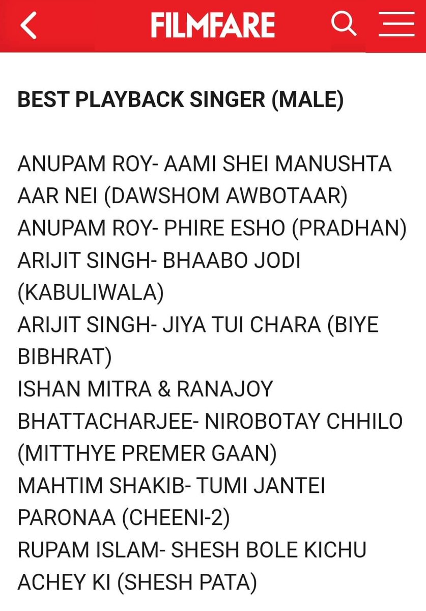 FILMFARE AWARDS NOMINATIONS BENGALI 2024
#JiyaTuiChhara 
#BhaaboJodi
#ArijitSingh