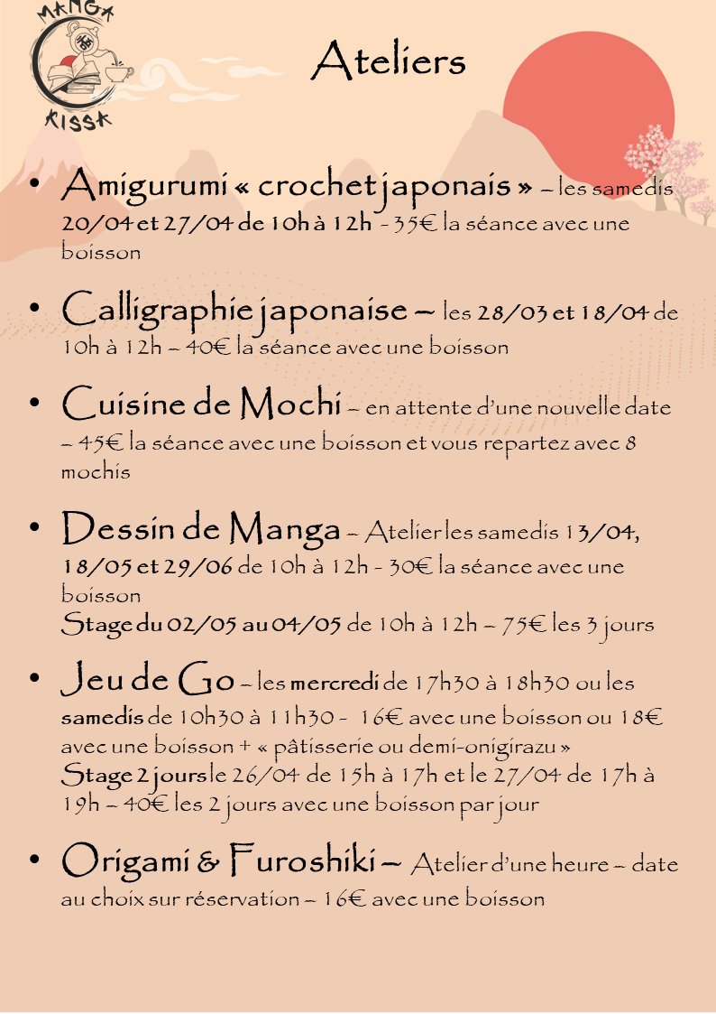 MangaKissa49's tweet photo. 🌟 Nouveau planning des ateliers 🌟 
Pensez à vous inscrire rapidement avant qu'il n'y ait plus de place 😉

#mangakissa #restaurant #epiceriefine #cafemanga #figurine #atelier #manga #angers #japon #jeudego #amigurumi #calligraphie #shodô #mochi #dessinmanga #origami #furoshiki https://t.co/pO4kUUBXcO