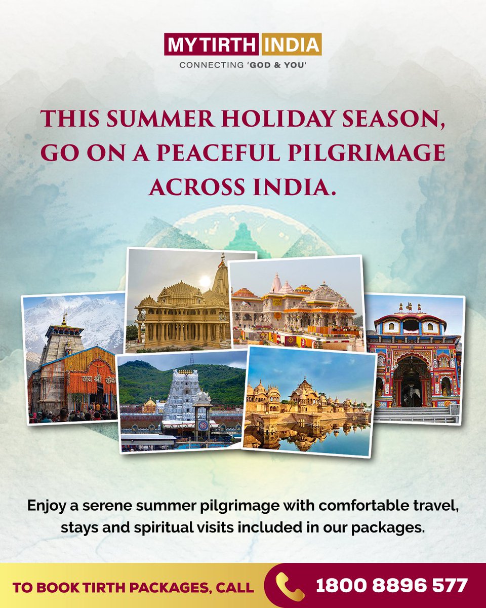 Enjoy a peaceful summer pilgrimage with our Tirth Yatra packages. Feel blessed and relaxed on your sacred journey.

Call for booking: 1800 8896 577

#MyTirthIndia #MTI #CelebrateSanatanDharma #SummerPilgrimage #PeacefulYatra #SacredJourneys #SpiritualBliss #TirthPackage