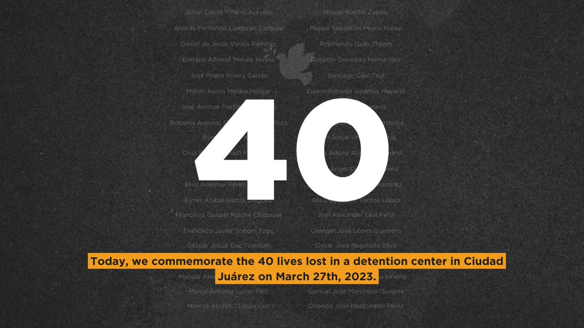 One year ago today, 40 migrants died, & 27 were gravely injured due to a fire at a detention center in Ciudad Juárez. 'More needs to be done to ensure everyone impacted by this horrific fire receives justice & can heal with dignity and hope,' said our Crystal Sandoval. /1🧵