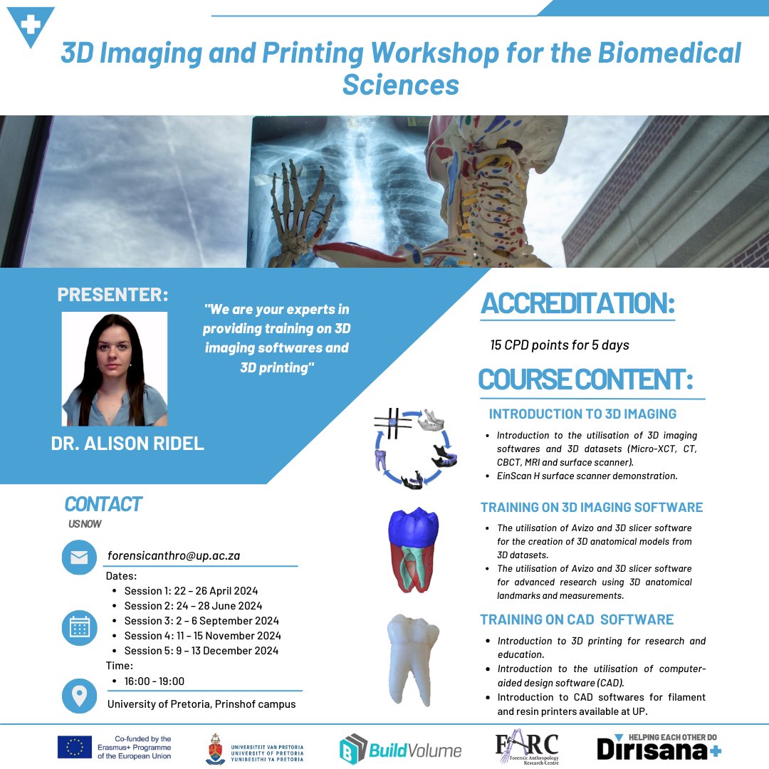 DirisanaPlus's tweet photo. #WorkshopAlert!

Check out the website for more details: 

https://t.co/ZafUBYDYL3

Sign up now!

For additional information please contact forensicanthro@up.ac.za

#3Dworkshop
#Healtheducation
#CBHE https://t.co/RwozShgQY3