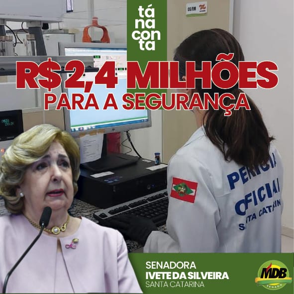 MDB no Senado (@mdbnosenado) on Twitter photo <a href="/senadoraivete/">Ivete Appel da Silveira</a> destinou R$ 2,4 milhões para a #Polícia Científica de SC. Recursos serão utilizados para a compra de um microscópio eletrônico de varredura. “Trata-se de um equipamento moderno, que não tem similar no estado. #Segurança é um tema prioritário na pauta do #MDB". <a href="/senadoraivete/">Ivete Appel da Silveira</a> destinou R$ 2,4 milhões para a #Polícia Científica de SC. Recursos serão utilizados para a compra de um microscópio eletrônico de varredura. “Trata-se de um equipamento moderno, que não tem similar no estado. #Segurança é um tema prioritário na pauta do #MDB".