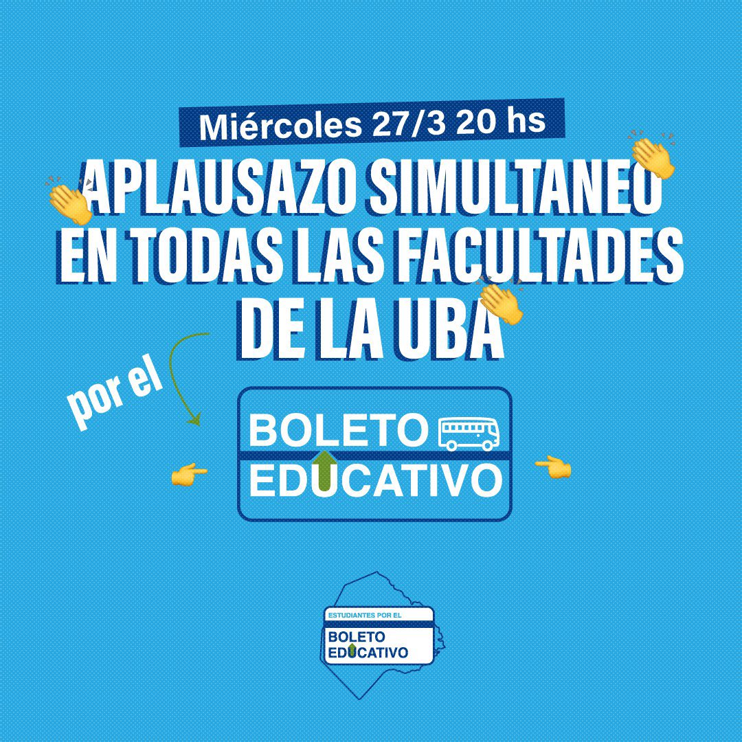 HOY • 20HS

Sumate al aplausazo simultáneo en todas las facultades de la UBA. 👏🏼

¡Vamos por el Boleto Educativo!