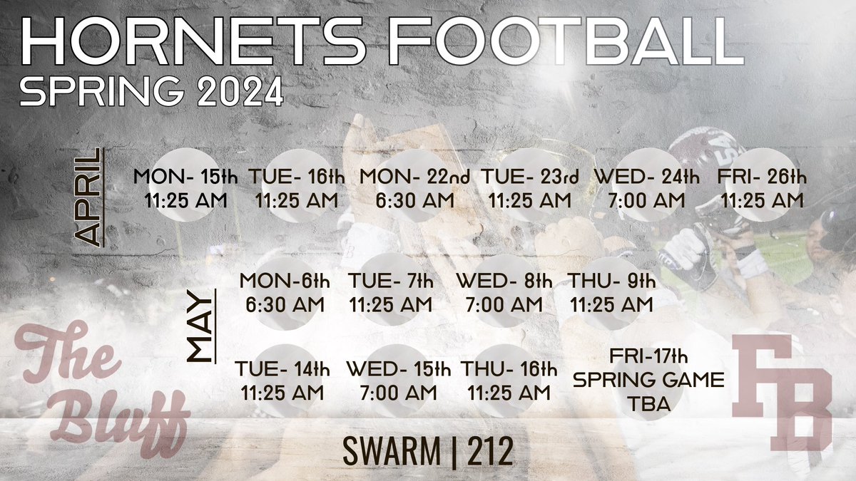 The Hornets are ready for Spring Ball! College coaches come on out and watch these dudes get after it! We have players for all levels! FBS-Division 3 and NAIA. #RecruitTheBluff #SWARM #CPH