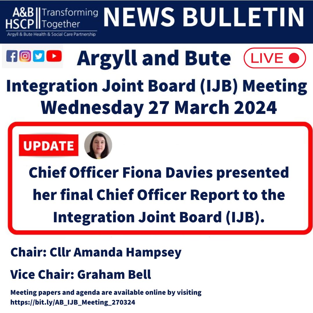 Chief Officer, Fiona Davies, presented what is her last Chief Officer Report to the IJB as she will be taking up her new role as Chief Executive of NHS Highland on 1 April The meeting papers and the agenda are available online for viewing visit ➡️ bit.ly/AB_IJB_Meeting…