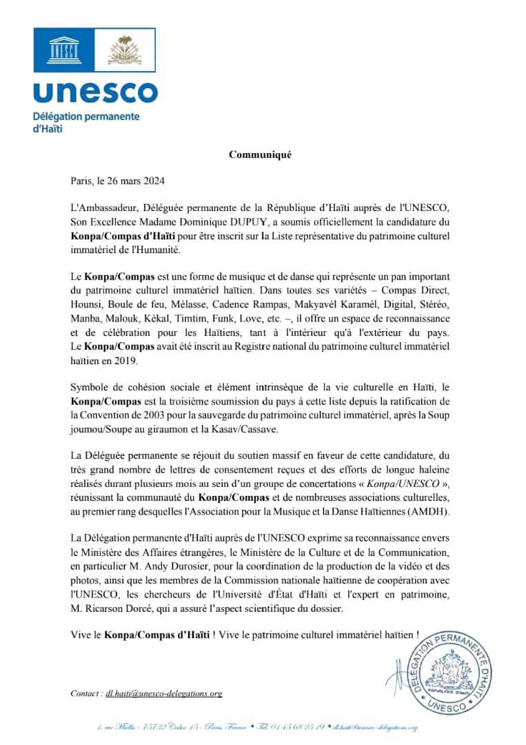 max_reports's tweet photo. Soumission officielle de la candidature du Konpa/Compas à @UNESCO_fr sur la "Liste représentative du patrimoine culturel immatériel de l'Humanité."
Croisons les doigts maintenant 🤞🏾
#Compas #Konpa #CompasDirect #NemoursJeanBaptiste #Compas69 #Patrimoine #ViveLeCompas https://t.co/5dpXptXkCl