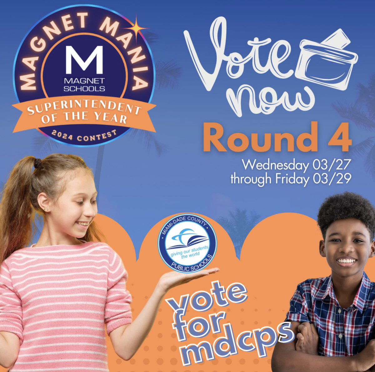 Every vote counts! Let’s rally together and cast our votes for MDCPS in the Magnet Mania SOY Contest! Voting is open from 03/27 to 03/29. Let’s make it happen! 🗳️✨  Vote here: shorturl.at/pFGP1
#YourBestChoiceMDCPS #MagnetMania