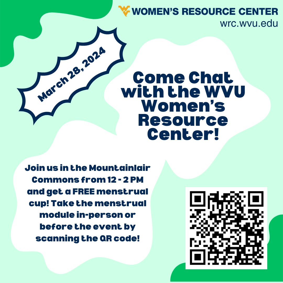 Hey, Mountaineers!

The WVU Women's Resource Center will be tabling in the Mountainlair TOMORROW from 12-2 to give away free menstrual cups. We hope to see you there!