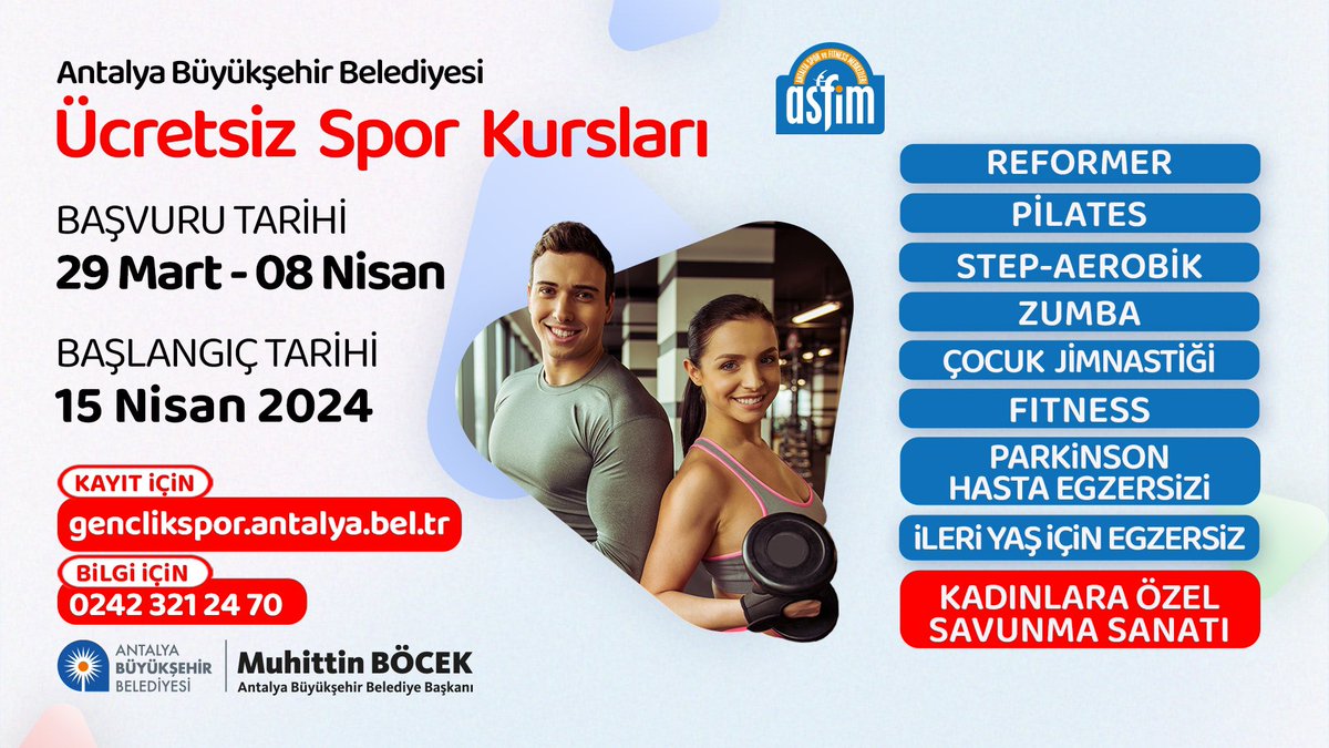 Antalya’yı sporla buluşturmaya devam ediyoruz. Tüm vatandaşlarımıza ücretsiz spor imkanı sunan ASFİM’lerimizin yeni dönem kayıtları başlıyor. 💪🏻 Başvuru tarihi: 29 Mart 14:00/8 Nisan Başlama tarihi: 15 Nisan Kayıt için: genclikspor.antalya.bel.tr Bilgi için: 0 242 321 2470