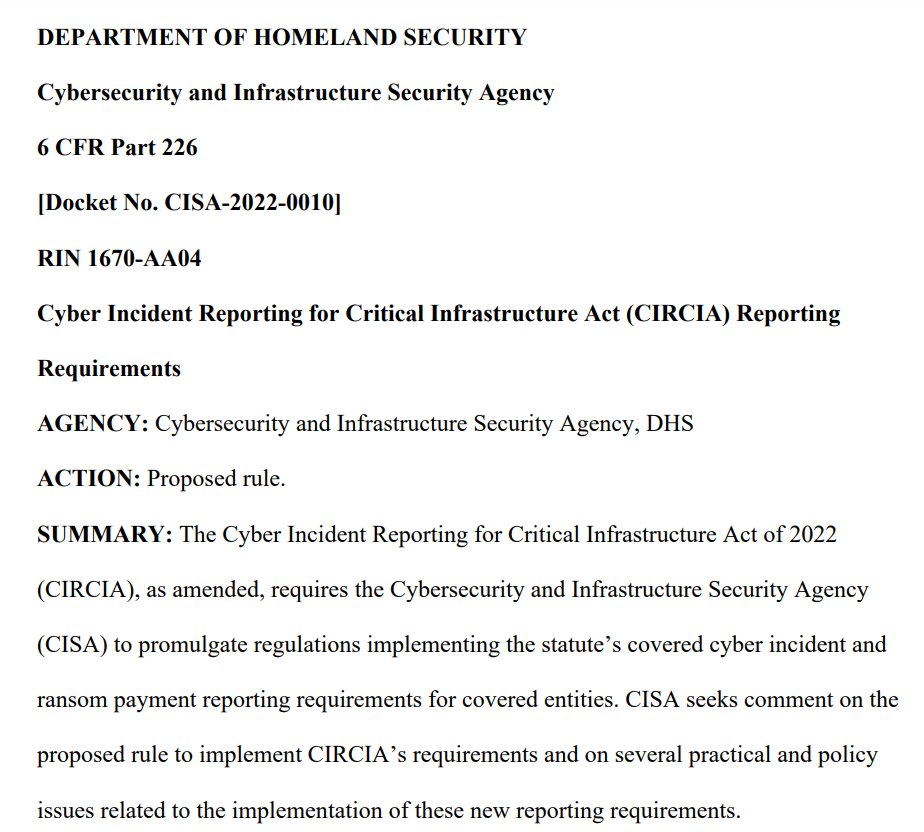 🚨🚨 BREAKING: @CISAgov's long-awaited cyber incident reporting rule for critical infrastructure organizations is here: public-inspection.federalregister.gov/2024-06526.pdf