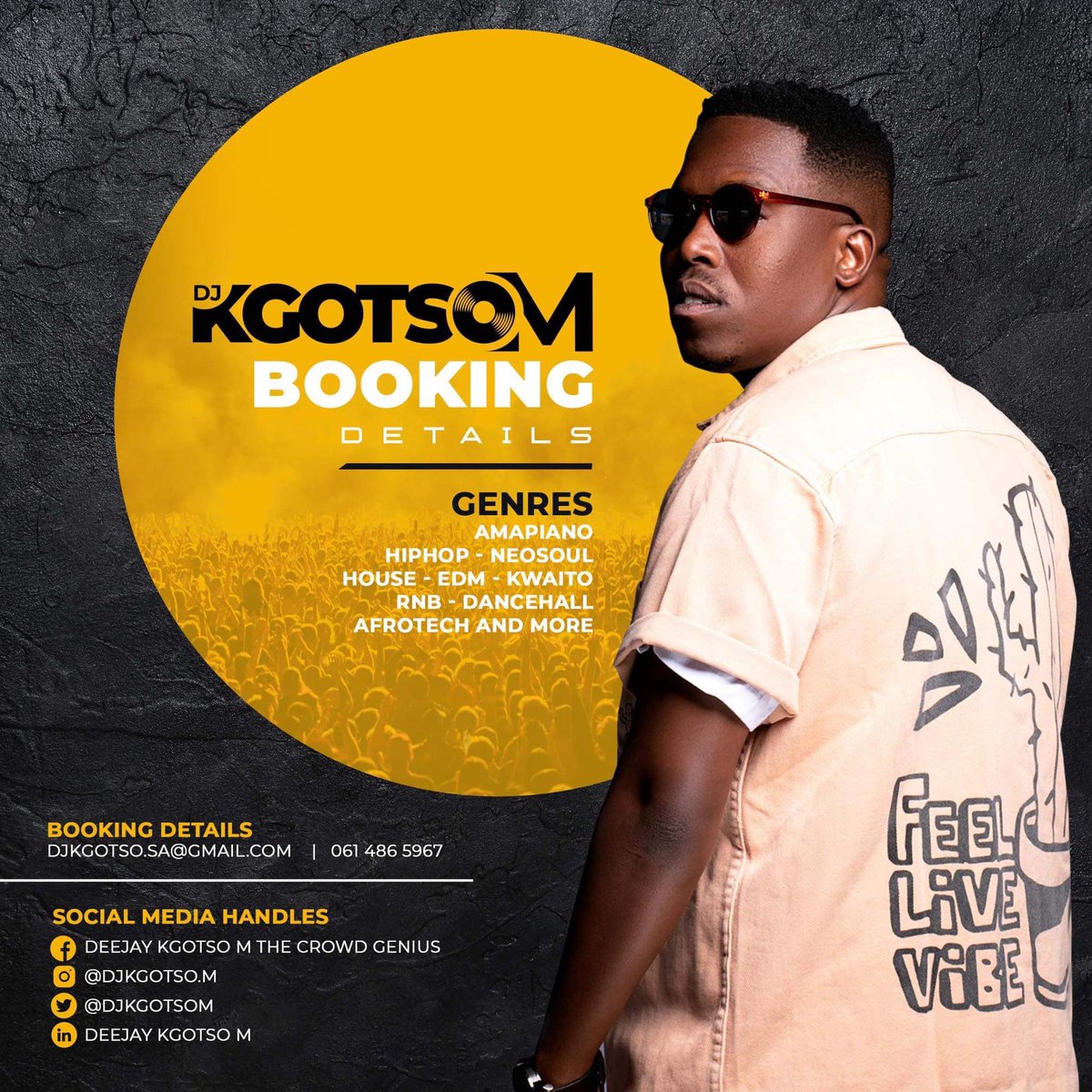 djkgotsoM's tweet photo. Looking for a versatile dj who caters for any crowd? Look no further for your private function/Work Function/Club or festival booking for any genre you can think of. Booking details below… 

#DjKgotsoM
#TheCrowdGenius
#BBMZansi https://t.co/FkCNfOvzho