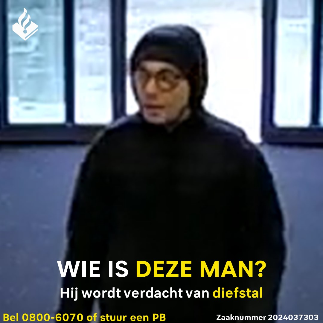 Wie is deze man? Hij wordt verdacht van diefstal. Mocht u weten om wie dit gaat, neemt u dan alstublieft contact op via 0800-6070 of stuur een PB. Zaaknummer: 2024037303
