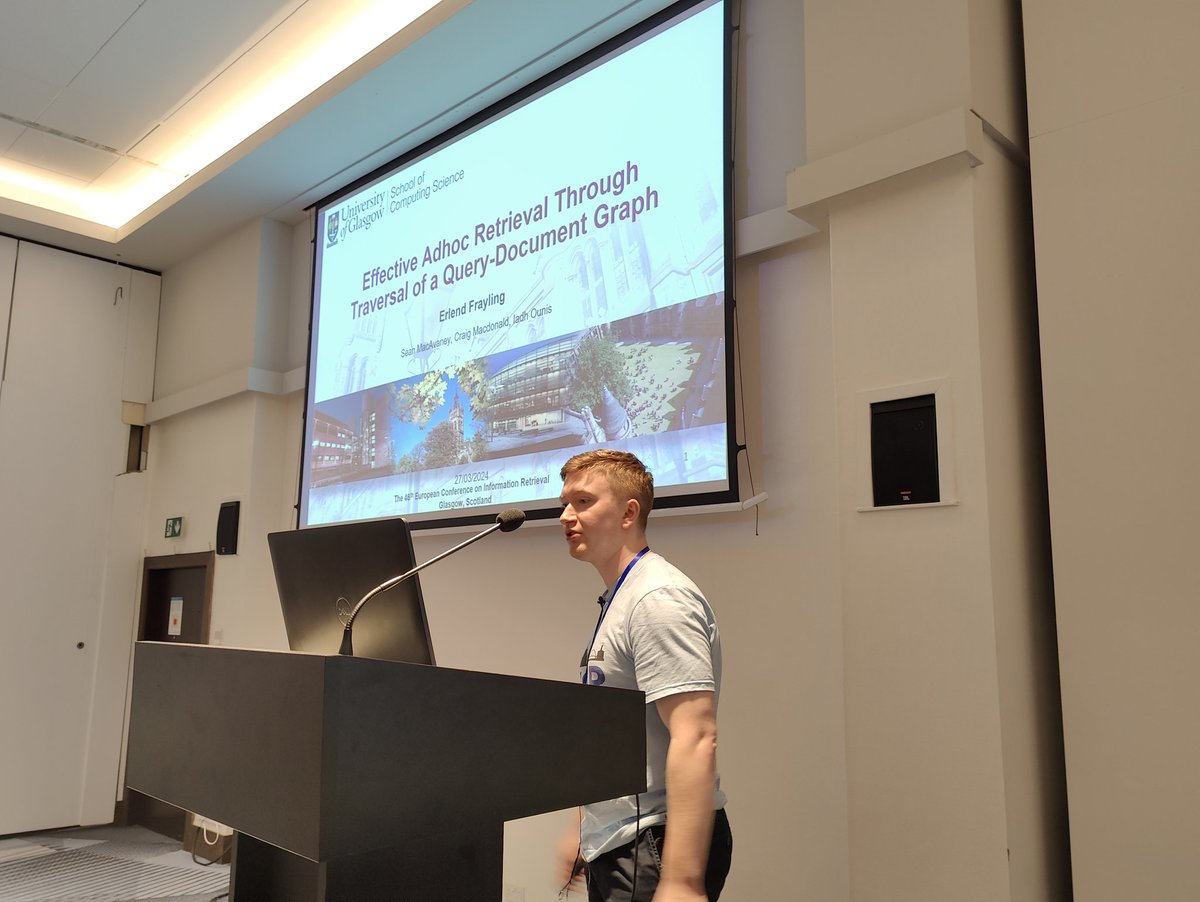 hitarth_08's tweet photo. Now in the Neural IR session at #ecir2024, @fraylingo from @ir_glasgow is presenting his very interesting work entitled:
"Effective Adhoc Retrieval through Traversal of a Query-Document Graph" https://t.co/FWzF0QzGfK