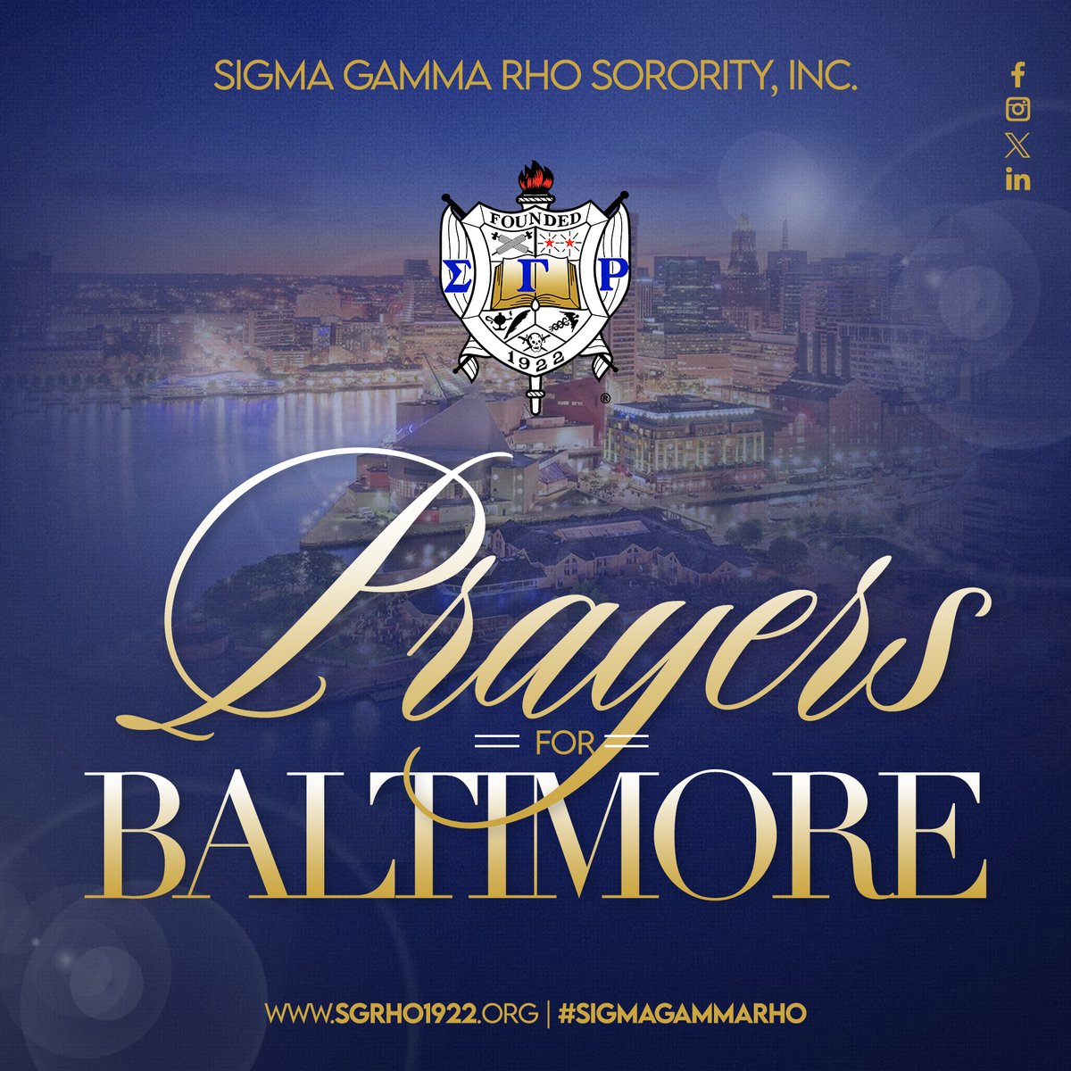 SGRho's tweet photo. Sigma Gamma Rho Sorority, Inc. stands in solidarity with the world as we extend thoughts and prayers to the City of Baltimore. 

#BaltimoreStrong #MarylandTough #SigmaGammaRho https://t.co/ySzfLrKHMI