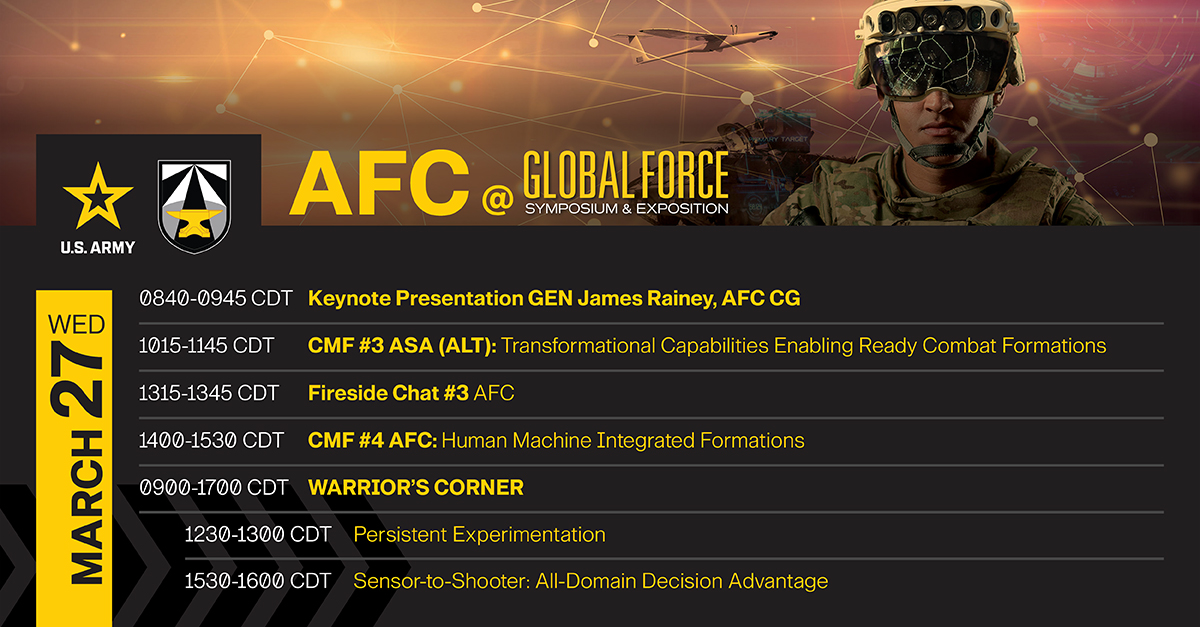 Join us for day two of @AUSAorg Global Force Symposium & Exposition. Check out AFC’s participation schedule today and stay tuned to attend virtually through our Facebook livestreams. #AUSAGlobal