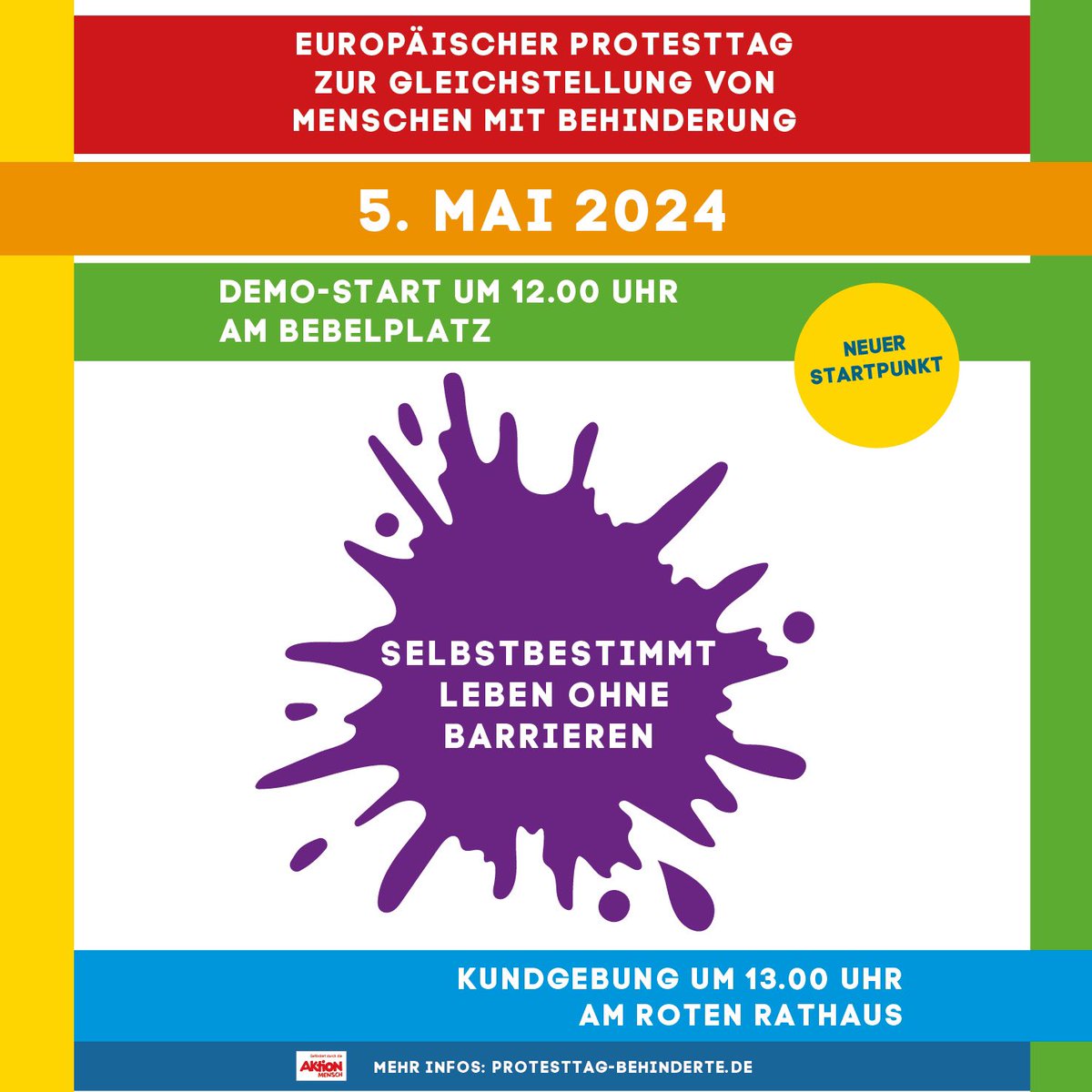 Der Europäische #Protesttag zur #Gleichstellung von Menschen mit #Behinderung findet auch dieses Jahr in #Berlin statt. Wir starten am 5. Mai um 12 Uhr und laufen / fahren / rollen zum Roten Rathaus. Dort findet ab 13 Uhr eine #Kundgebung statt. #5Mai #5Mai2024 #Protesttag2024