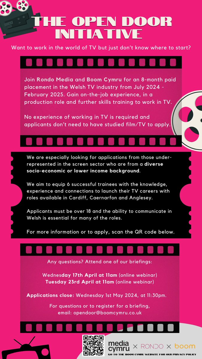 The Open Door Initiative is now open to people from a low-income background who want to work in the Welsh TV industry. Apply now! forms.office.com/e/MXM7XFwfwc @boomcymru , @rondomedia and @MediaCymru_