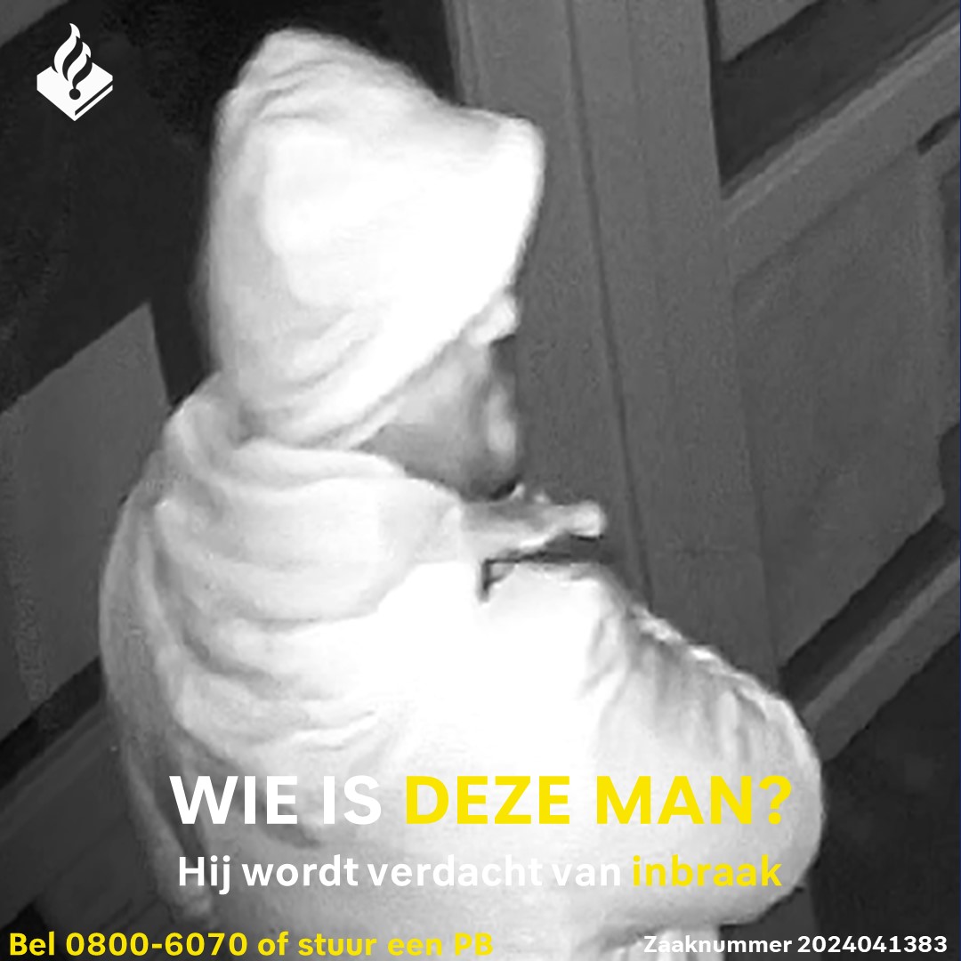 Wie is deze man? Hij wordt verdacht van inbraak. Mocht u weten om wie dit gaat, neemt u dan alstublieft contact op via 0800-6070 of stuur een PB. Zaaknummer: 2024041383
