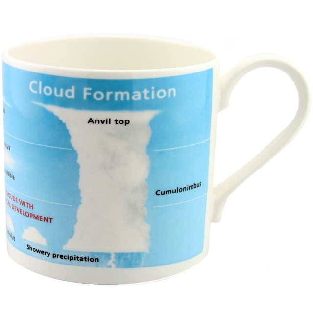 Learn the main cloud formations every time you take a sip of your tea or coffee. This classic cloud formation mug shows the appearance of the ten main cloud types, as well as indicating their general elevations and typical precipitation. cloudappreciationsociety.org/shop/cloud-for…