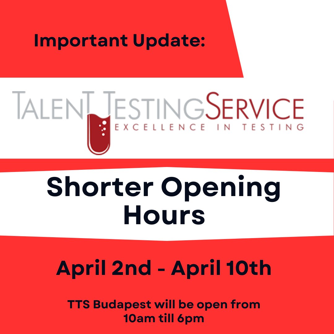 EuropeTts's tweet photo. Talent Testing Service Budapest will have shorter opening hours between the 2nd and 10th of April. The lab will be open from 10am till 6pm @TalentTesting https://t.co/wpLebj4X7x
