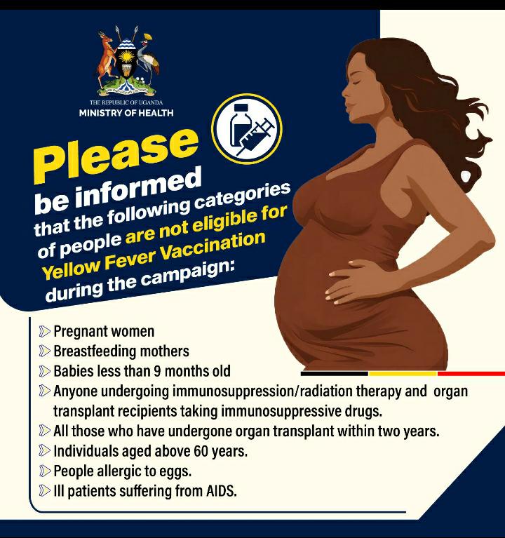 Some people may have an increased risk of developing a reaction to the Yellow Fever Vaccine, but may still benefit from being vaccinated. A few people should not get the vaccine, or the vaccine is not recommended for people who are:👇 #HealthUg @MinofHealthUG @GovUganda @DCICUg