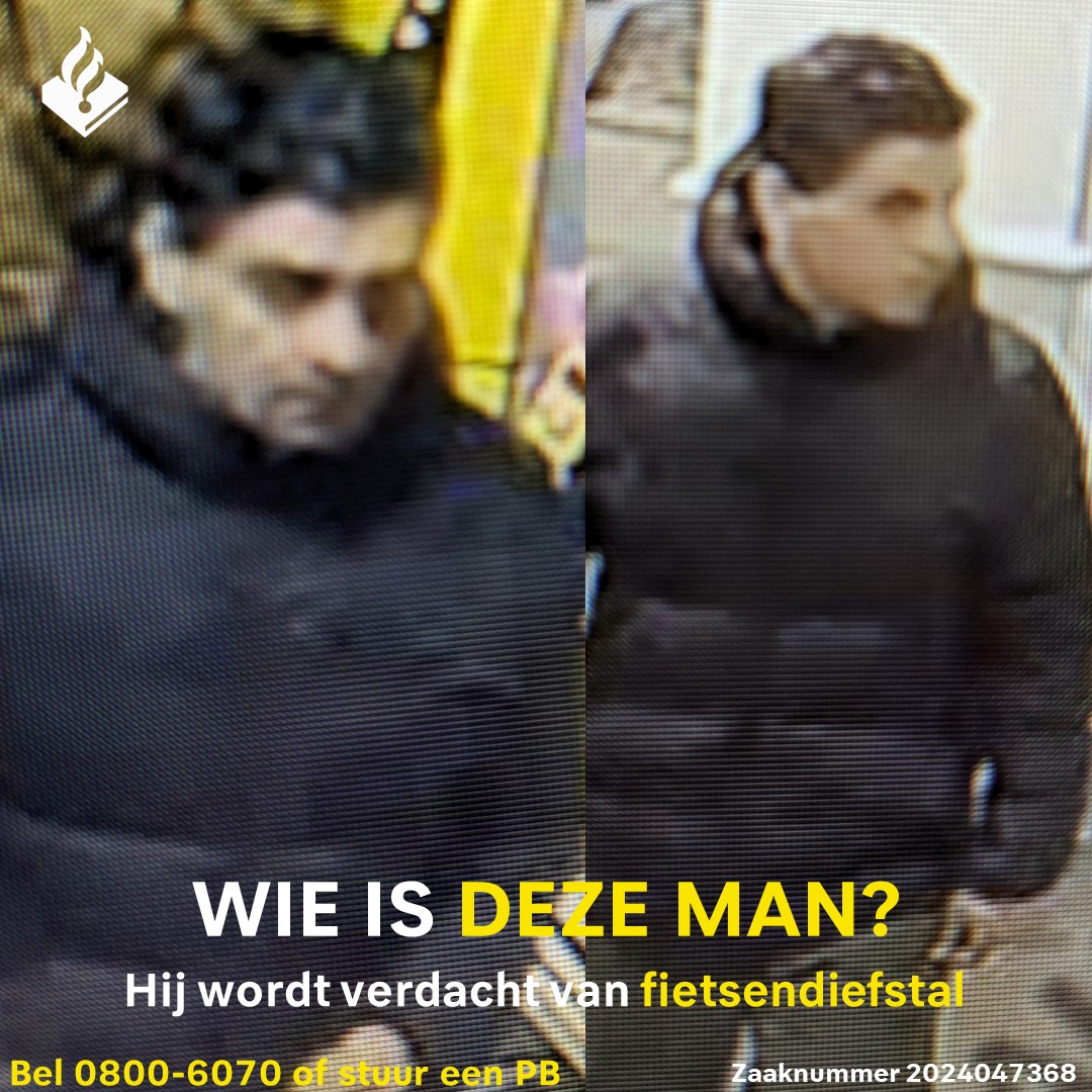 Wie is deze man? Hij wordt verdacht van fietsendiefstal. Mocht u weten om wie dit gaat, neemt u dan alstublieft contact op via 0800-6070 of stuur een PB. Zaaknummer: 2024047368.