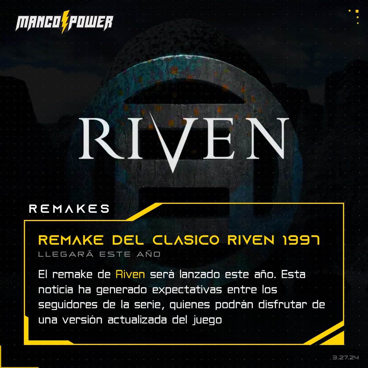 MancoPowerPR's tweet photo. El remake de Riven llegará este año. Riven es una continuación del clásico juego de aventuras y puzzles Myst. La noticia emocionará a los fanáticos de la serie, ya que podrán experimentar de nuevo este juego con gráficos actualizados.
#MancoPower #MancoNews #Riven #Riven1997 https://t.co/arGw6zJWkq