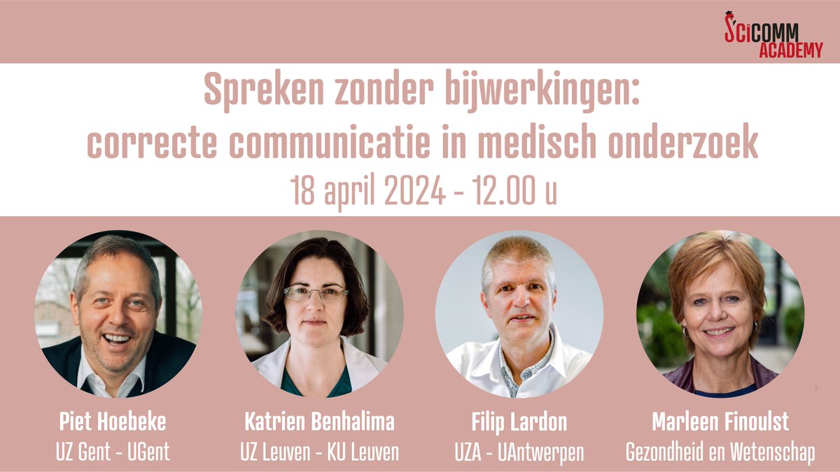 Worstel je ook met bijwerkingen in jouw communicatie over medisch onderzoek? 🤔 

Ontdek het antwoord op al jouw vragen rond #wetenschapscommunicatie in de #gezondheidszorg in ons gratis online panelgesprek op 18 april!  

👉scicomm-academy.eu/pages/panelges…

#scicomm #wecomm