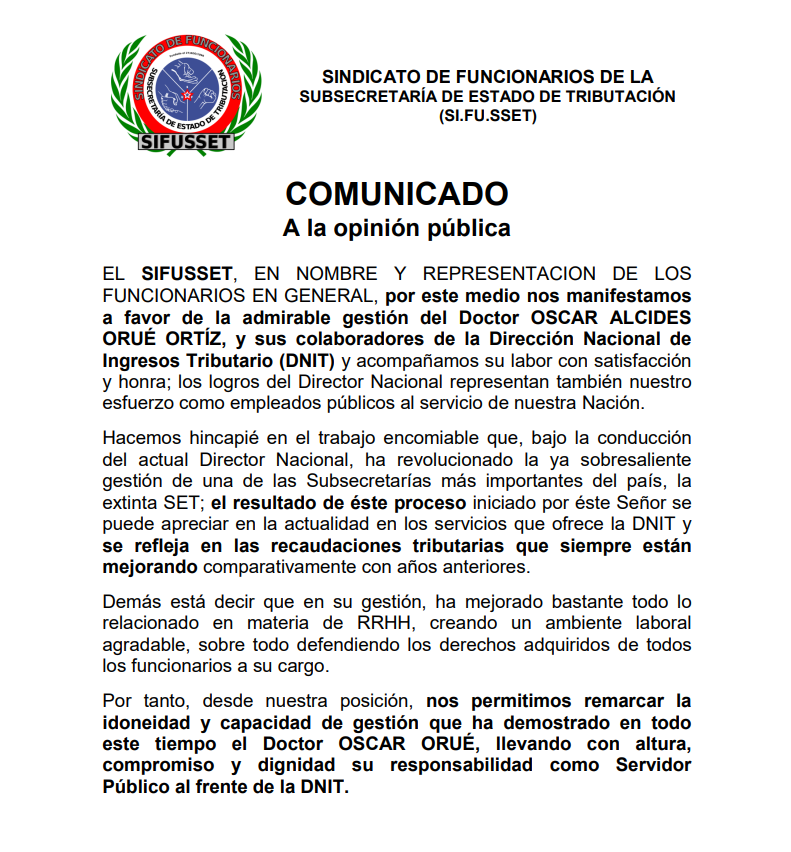 SetSindicato's tweet photo. Los funcionarios de la DNIT, acompañamos la excelente gestión del Dr.  @OscarOrue  al frente de ésta Institución. @SantiPenap @AllianaPedro @Horacio_Cartes @leagimenezpy @cgfernandezv  @MEF_Paraguay @DNITpy @DNITaduanapy @DiputadosPy @SenadoresPy @UltimaHoracom @780AM @ABCDigital https://t.co/J2l9s2y35b