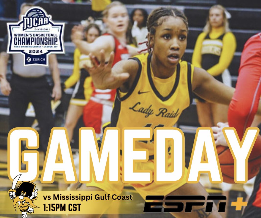 Gameday!! Lady Raiders take on Mississippi Gulf Coast in the first round of the NJCAA National Tournament at 1:15PM CST on ESPN+. ⚫️🟡